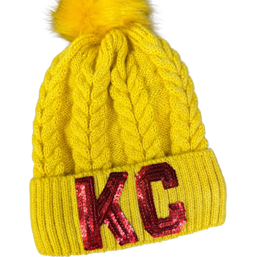 KC chiefs football Yellow Knit Beanie with Red Sequin Letters KC